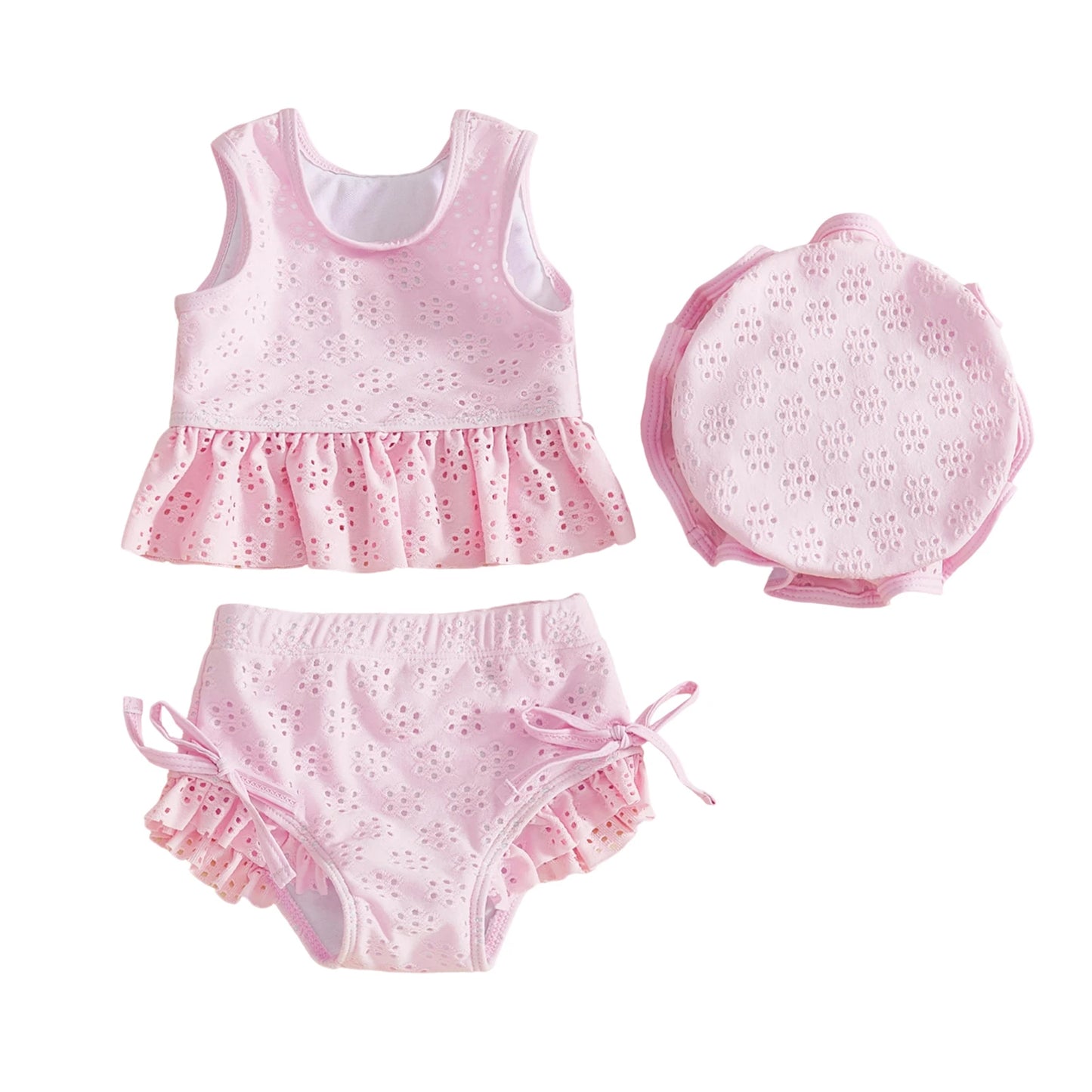 Baby Toddler Girls 3Pcs Swimsuit Set Sleeveless Crew Neck Solid Embroidery Top Bikini Bottoms and Hat Swimwear