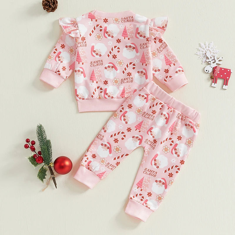 Baby Toddler Girls 2Pcs Pink Christmas Jogger Set All-over Santa Claus Print Ruffled Long Sleeve Top Long Pants Outfit