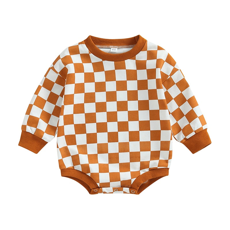 Baby Boy Girl Fall Sweatshirt Bodysuit Checkerboard Print Long Sleeve Jumpsuit Romper