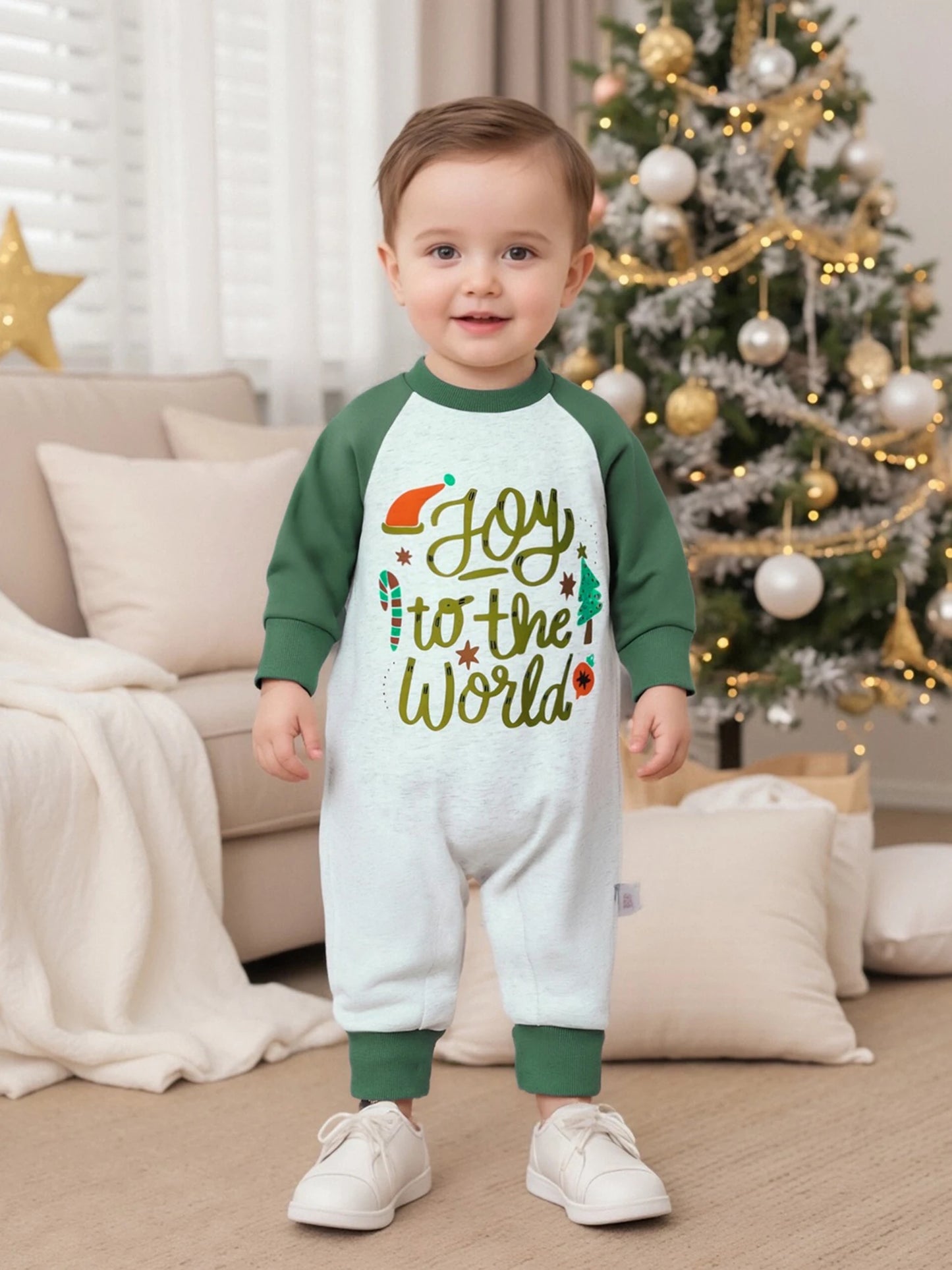 Baby Boys Girls Joy To The World Christmas Romper Letter Tree Long Raglan Sleeve Crewneck Jumpsuit Winter Clothes