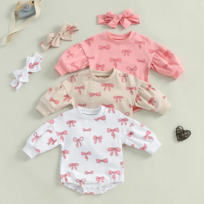 Baby Girl 2Pcs Fall Outfit Bow Print Crew Neck Long Sleeve Bubble Romper Tie-up Headband Set