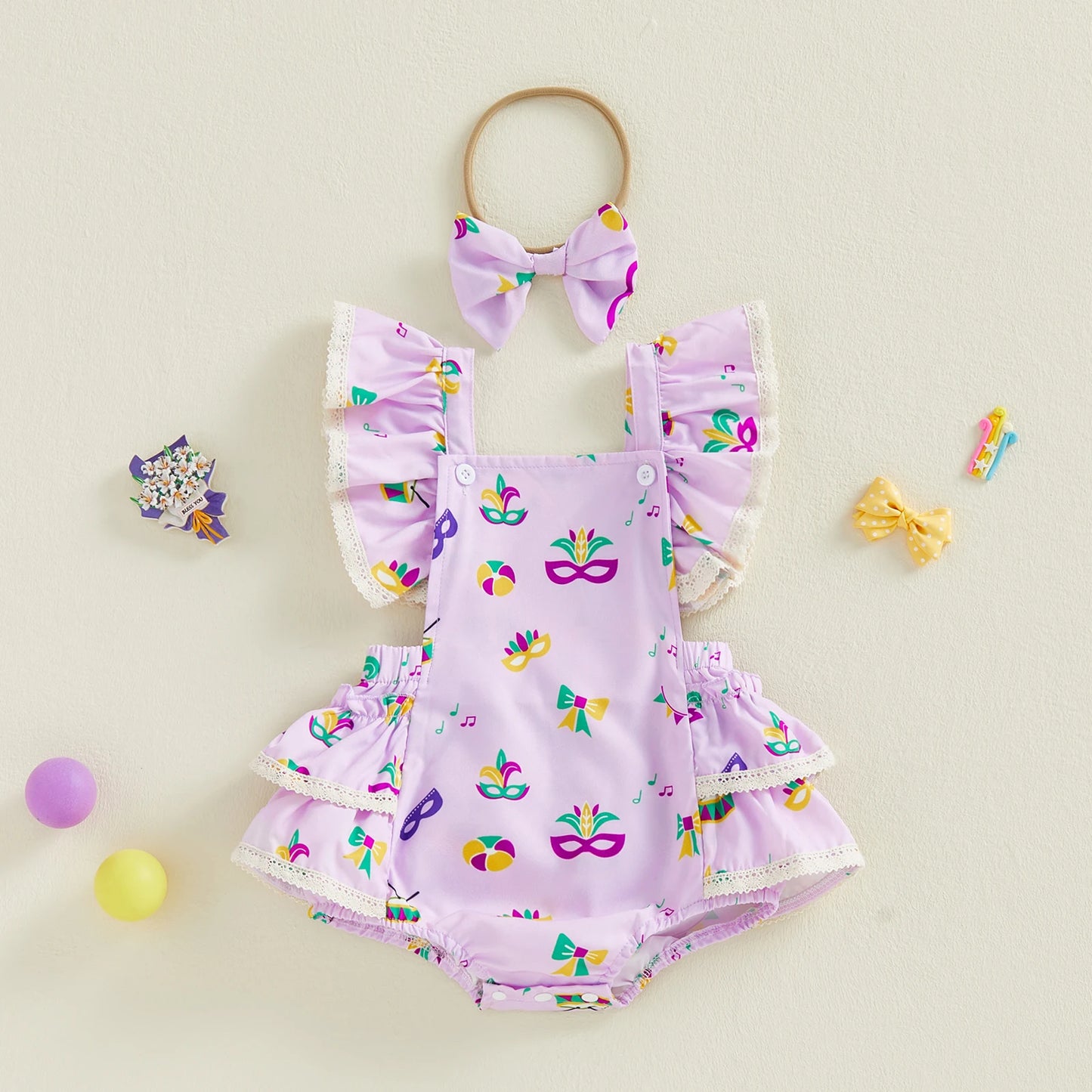 Baby Girl 2Pcs MardiGras Outfit Ruffled Trim Flying Sleeve Romper and Bow Headband Set