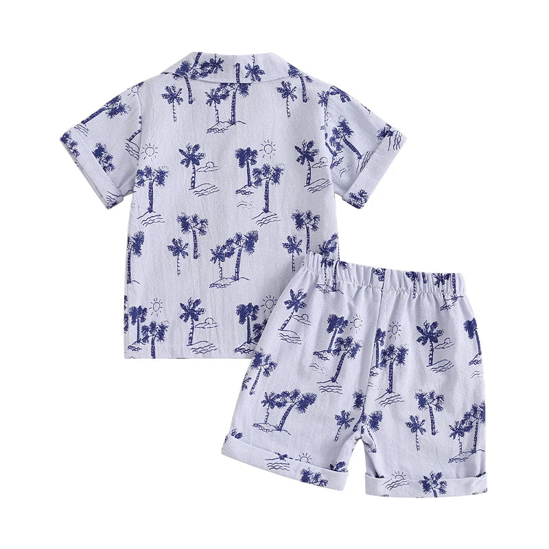 Baby Toddler Boy 2Pcs Summer Outfit Animal Palm Tree Print Lapel Neck Short Sleeve Button Down Shirt Elastic Waist Shorts Set