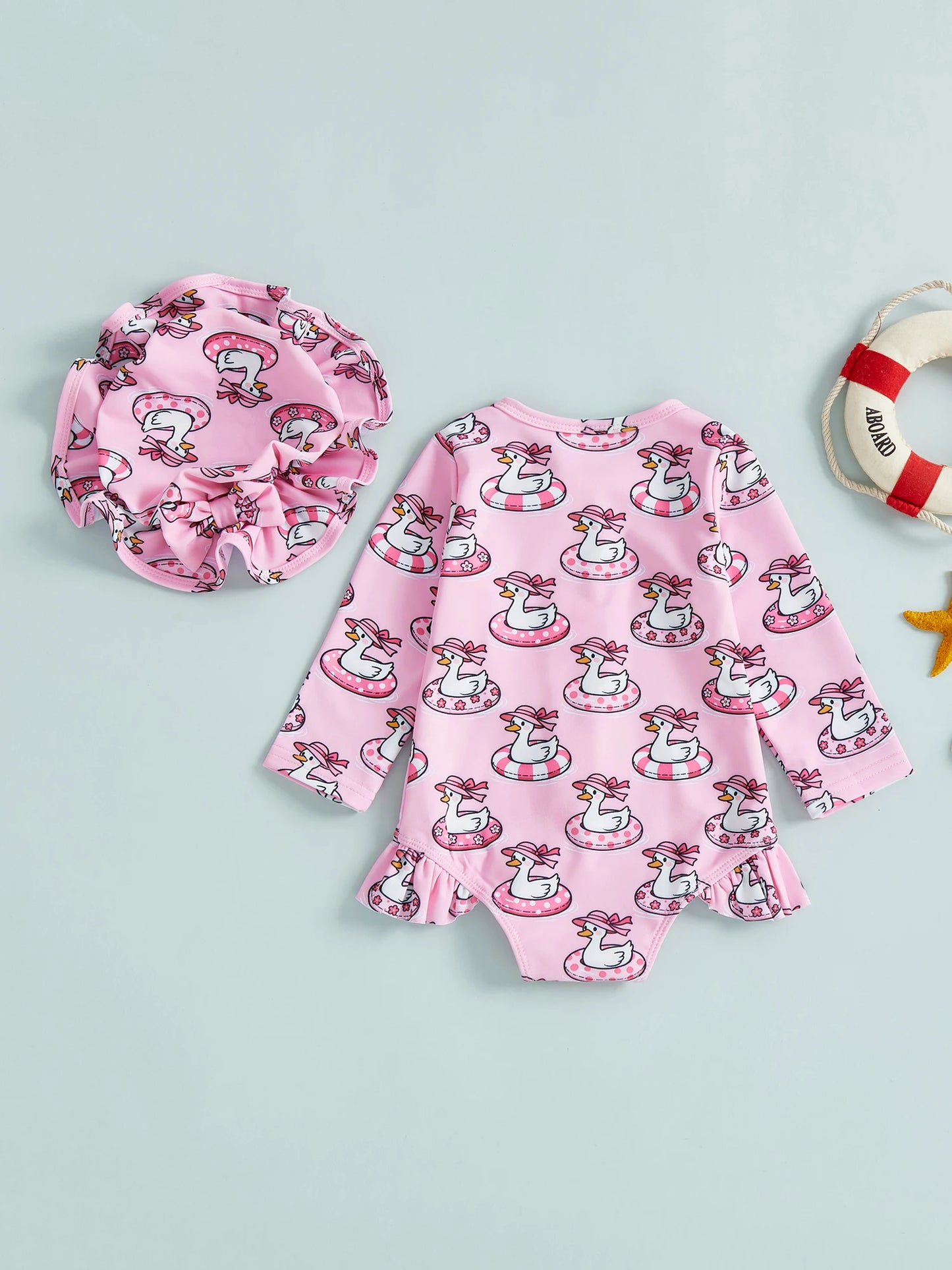 Baby Toddler Girls 2Pcs Swimsuit Set Duck/Shell Print Crew Neck Long Sleeve Zipper Rash Guard Swimwear and Sun Hat