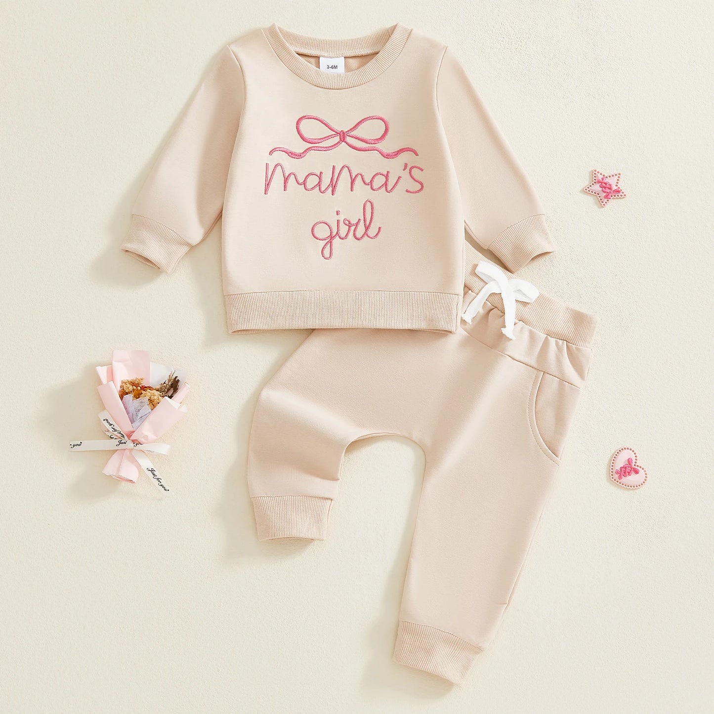 Baby Toddler Girls 2Pcs Mama's Girl Outfit Bow Letter Embroidered Long Sleeve Top and Solid Joggers 2 Piece Set