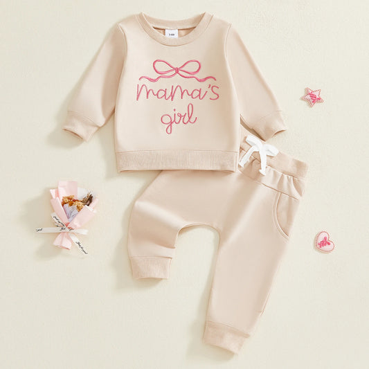 Baby Toddler Girls 2Pcs Spring Outfit Bow Letter Mama's Girl Embroidered Long Sleeve Crewneck Top and Solid Pants 2 Piece Jogger Set