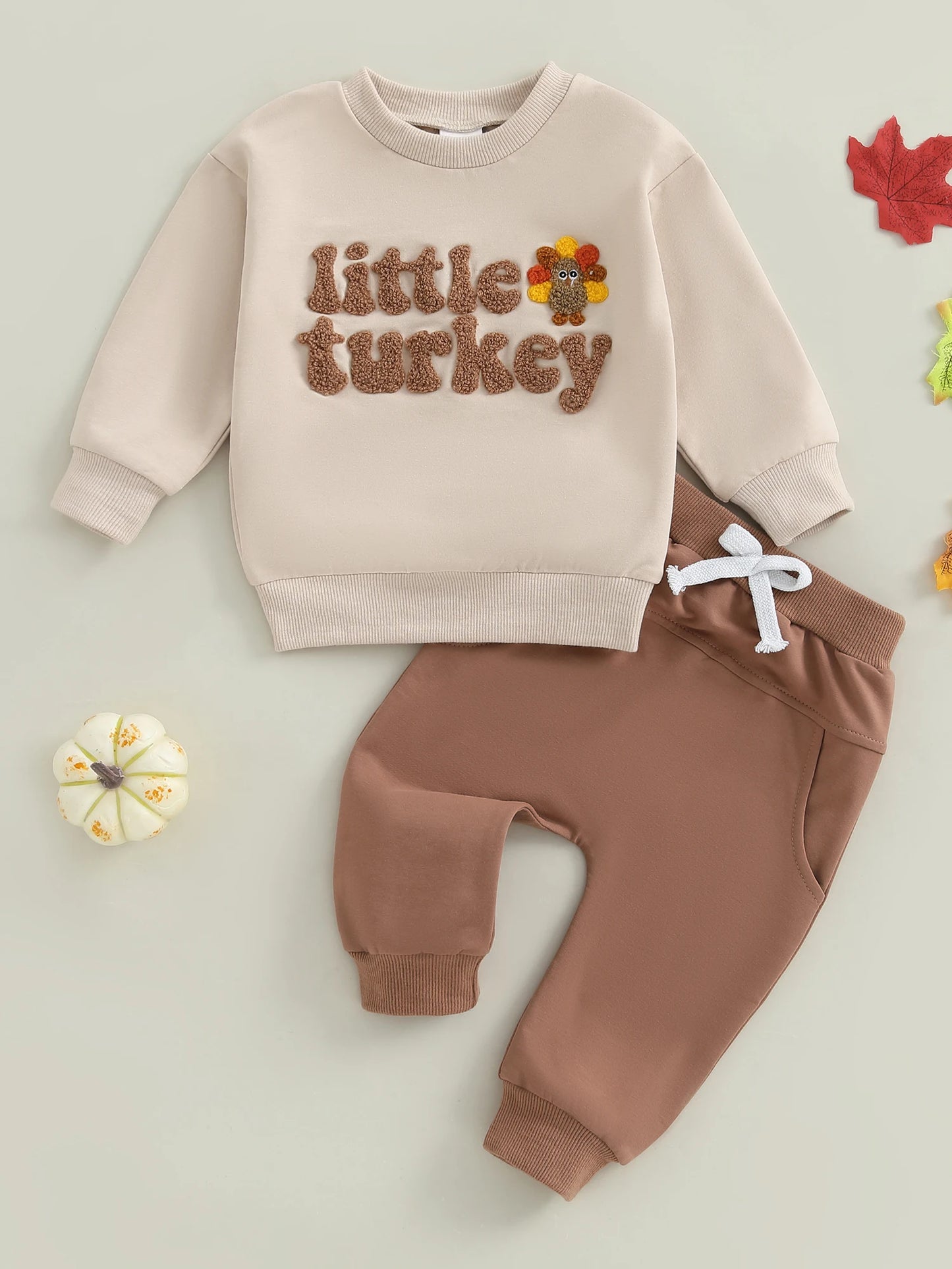 Baby Toddler Boy 2Pcs Little Turkey Thanksgiving Outfit Letter Turkey Embroidery Long Sleeve O-Neck Pullover + Elastic Waist Solid Pants Jogger Set