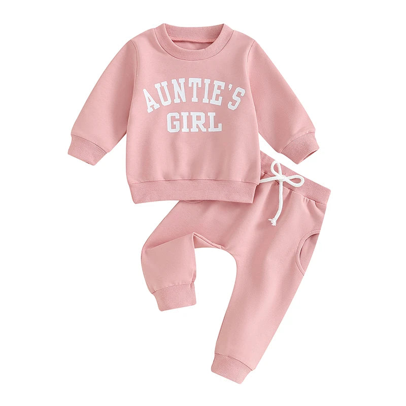 Toddler Baby Girls 2Pcs Clothes Sets Long Sleeve Letter Auntie's Girl Print Pullover Top + Pants Set