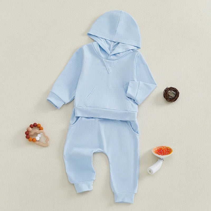 Baby Toddler Boys Girls Fall Outfit Ribbed Long Sleeve Hooded Top and Elastic Waist Pants Jogger Set