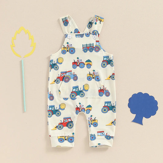 Baby Boy Overalls Excavator Tractor Print Casual Pants Long Bottoms with Pocket Romper