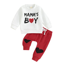 Load image into Gallery viewer, Baby Toddler Boy 2Pcs Valentine’s Day Outfits Long Sleeve Letters Mama&#39;s Boy Heart Print Top + Heart Knee Jogger Pants Set
