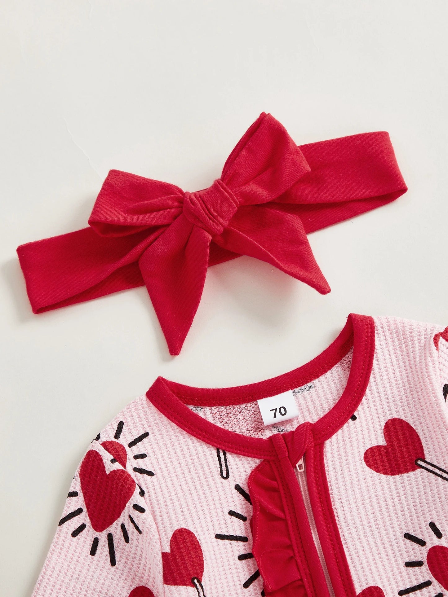 Baby Girl 2Pcs Valentines Day Zipper Romper Heart Candy Pattern Long Sleeve Zip Up Round Neck Footed Jumpsuit with Bow Headband Set