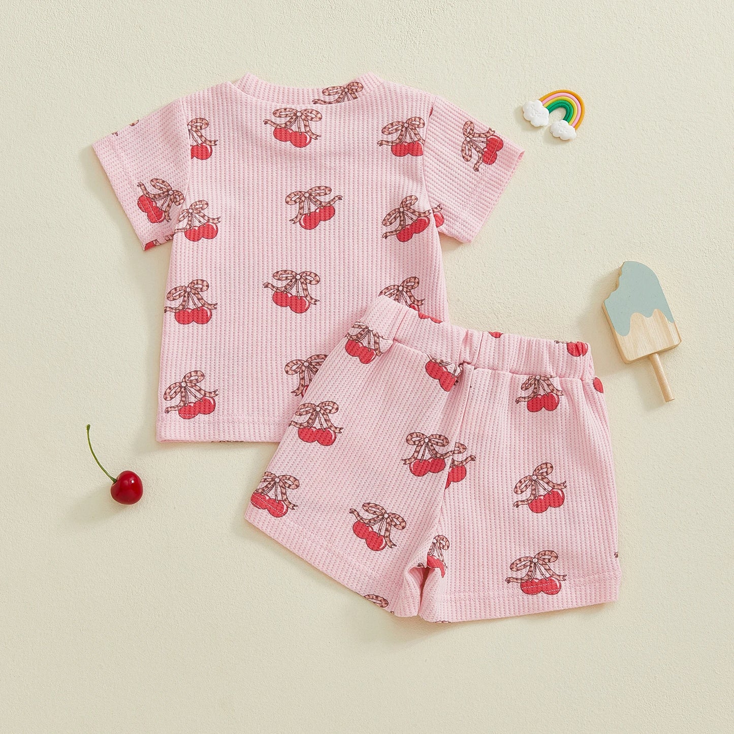 Baby Toddler Girls 2Pcs Outfits Fashionable Bow Cherry Print Short Sleeve Round Neck Top and Shorts Set