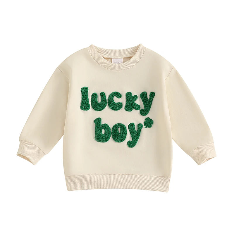 Baby Toddler Boys Lucky Boy St. Patrick's Day Irish Spring Letter Clover Shamrock Embroidered Long Sleeve O-Neck Casual Pullover Top