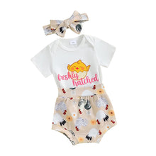 Load image into Gallery viewer, Baby Girls 3Pcs Easter Set Short Sleeve Freshly Hatched Letters Chick Print Romper Chicken Print Shorts Headband Bow Outfit
