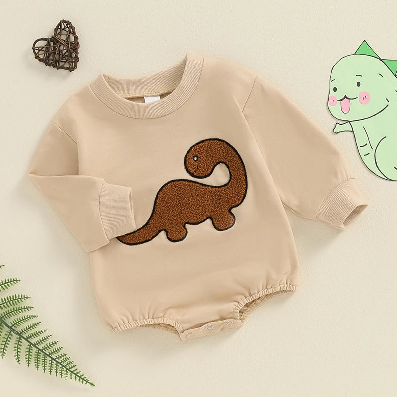 Baby Boy Girl Bubble Romper Casual Dinosaur Embroidery Long Sleeve Jumpsuit Bodysuit