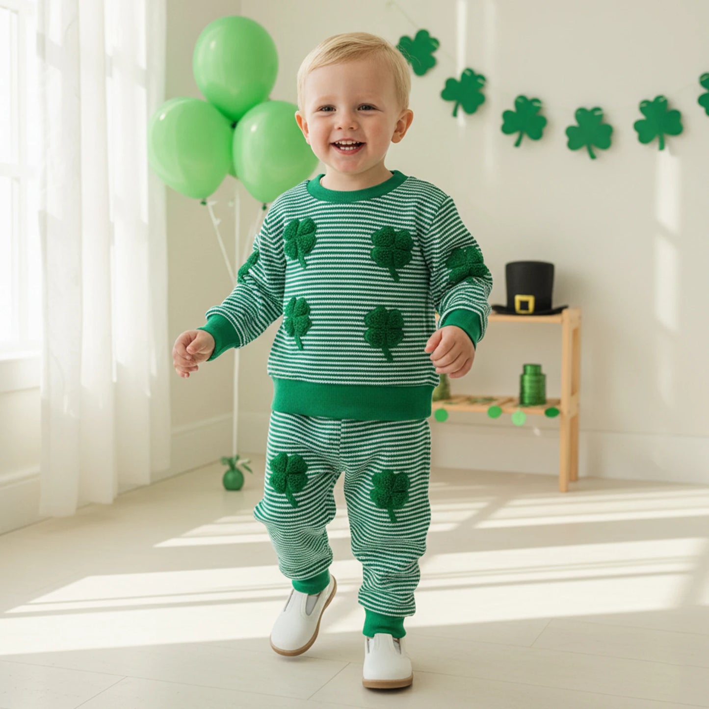 Baby Toddler Boy 2Pcs Spring Outfit Four-Leaf Clover Embroidery Long Sleeve O-Neck Pullover + Elastic Waist Stripe Pants St. Patrick's Day Jogger Set