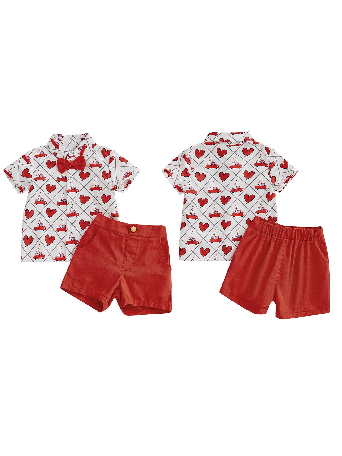 Baby Toddler Boys 2Pcs Valentine's Day Outfit Heart Short Sleeve Bowtie Shirt and Solid Shorts 2 Piece Set