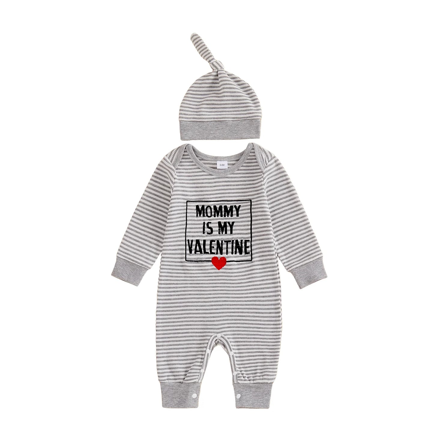 Baby Boys 2Pcs Valentine's Day Mr. Steal Your Heart / Mommy Is My Valentine Jumpsuit Set Long Sleeve Crew Neck Stripes Letters Romper with Hat Outfit