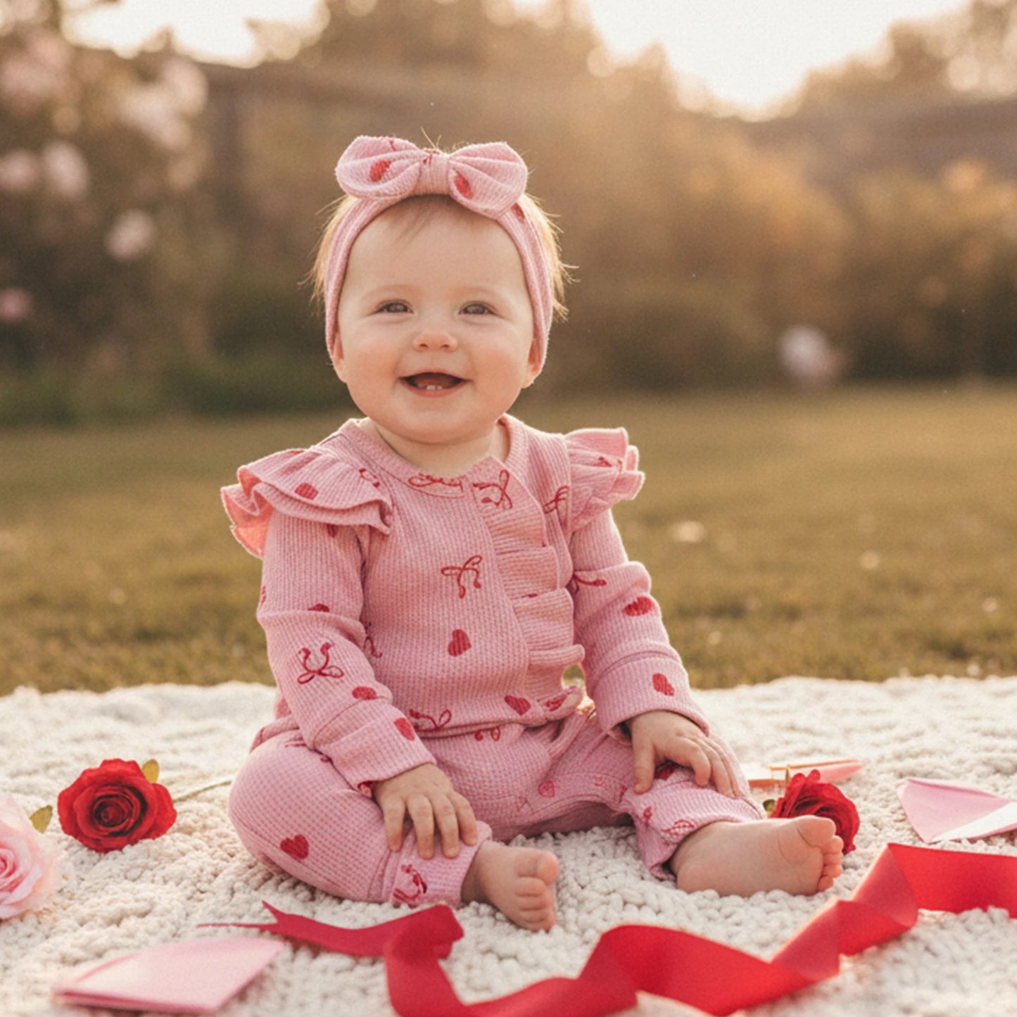 Baby Girls 2Pcs Valentine's Day Romper Outfit Heart Print Ruffle Long Sleeve Jumpsuits Bow Headband Set