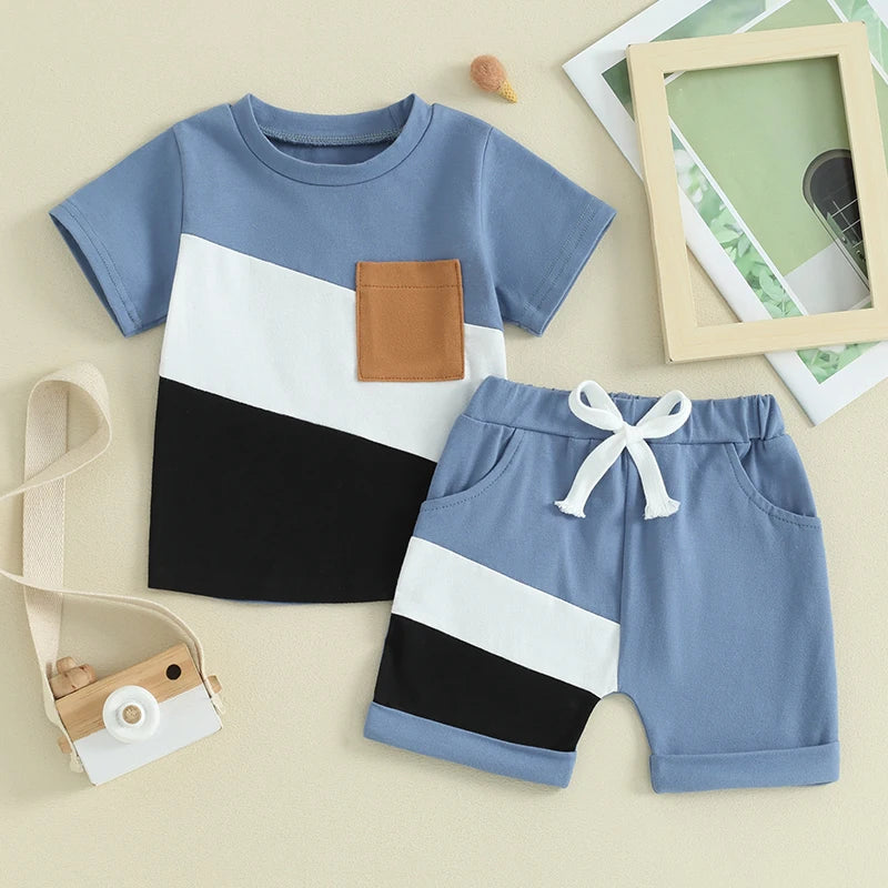 Baby Toddler Boys 2Pcs Shorts Set Contrast Color Short Sleeve Top Pocket with Elastic Waist Shorts Set Summer Spring Outfit