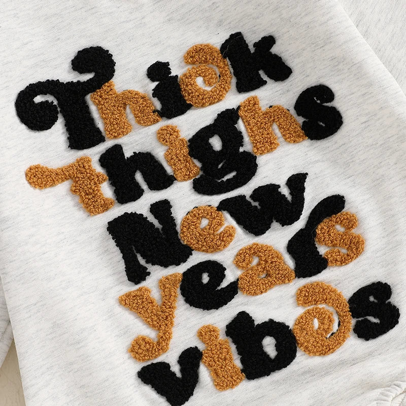 Baby Girls Boys New Year's Eve Romper Long Sleeve Crew Neck Embroidery Letters Thick Thighs New Years Vibes Bodysuit