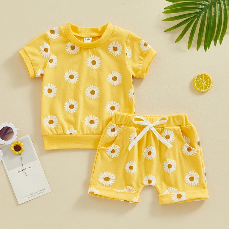 Baby Toddler Girls 2Pcs Spring Summer Clothes Short Sleeve Daisy Flower Print Crew Neck Top Elastic Rolled Shorts Set Outfit