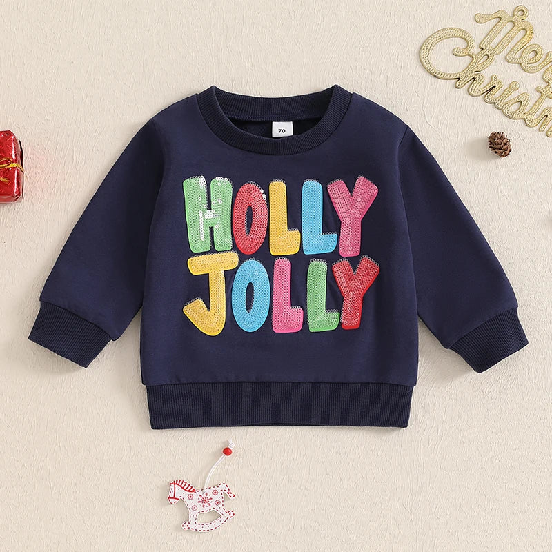 Baby Toddler Kids Boys Girls Holly Jolly Christmas Long Sleeve O Neck Sequins Letter Embroidery Pullover Top