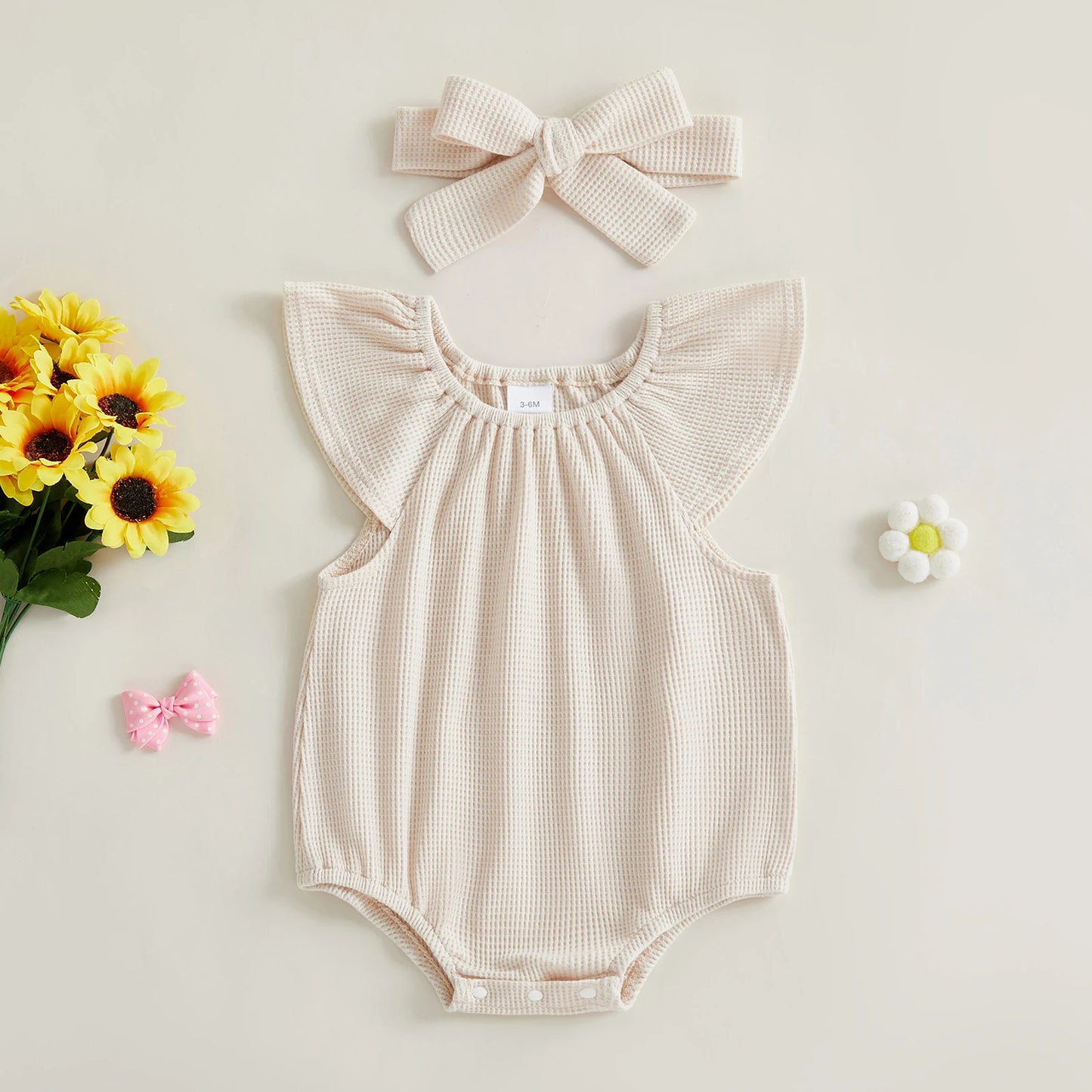 Baby Girl 2Pcs Spring Summer Waffle Romper Short Flying Sleeve O Neck Solid Color Romper with Headband Set