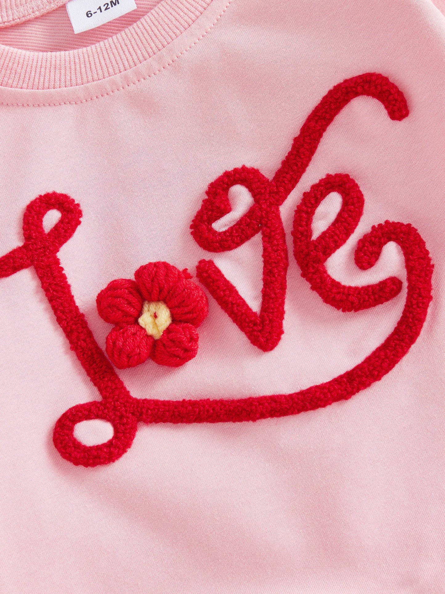 Baby Toddler Girls 2Pcs Valentine's Day Clothes Long Sleeve Crew Neck 3D Crochet Flower Love Decor Top and Pants Jogger Set