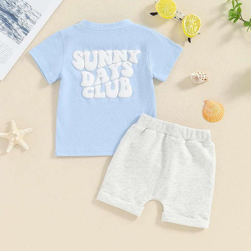 Toddler Baby Boy Girl 2Pcs Outfits Sunny Days Club Wave Short Sleeve T-Shirt Top Pants Shorts Set Summer