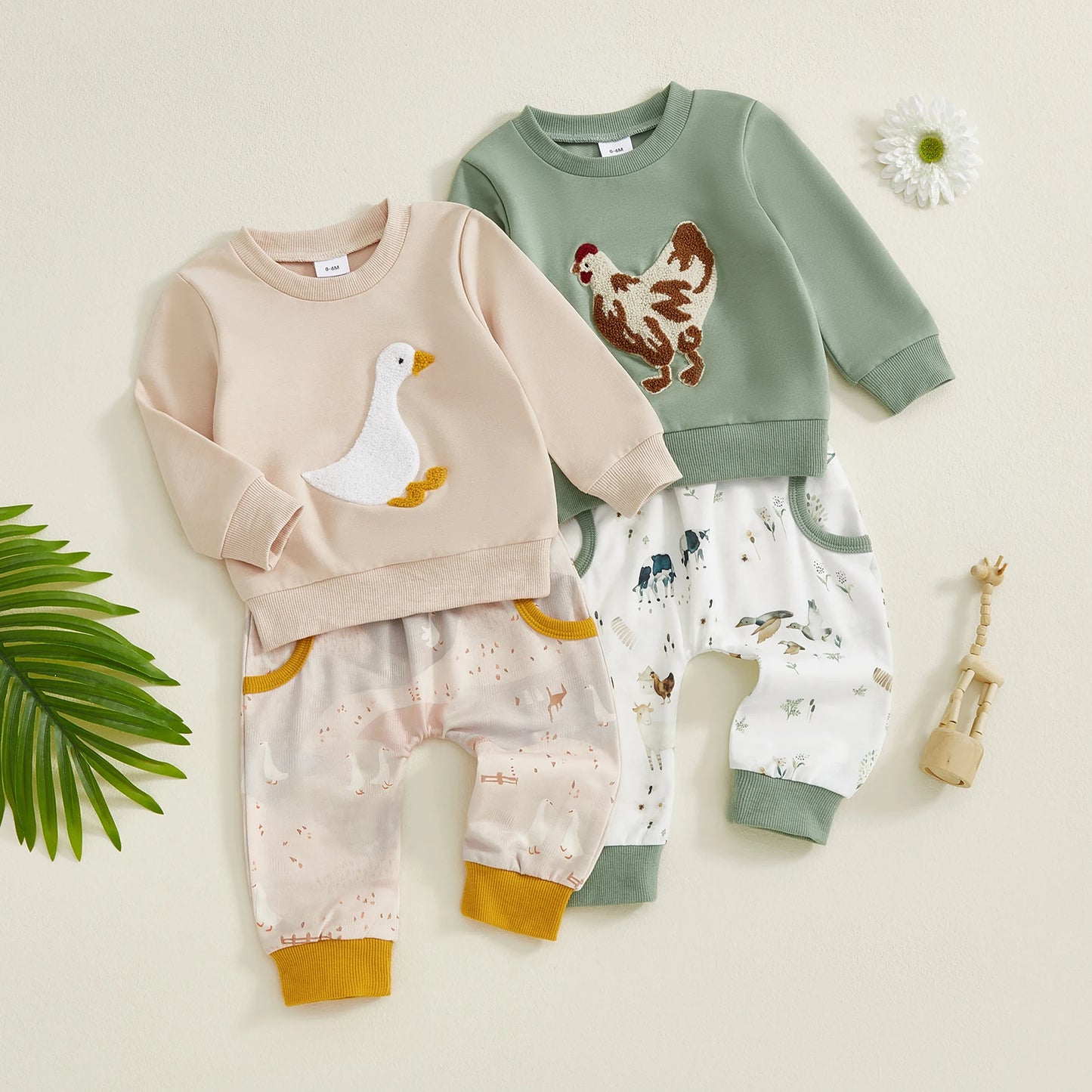 Baby Toddler Boys 2Pcs Fall Set Fashionable Long Sleeve Chicken/Duck Embroidery Pullover Top with Print Jogger Pants 2 Pcs Outfits