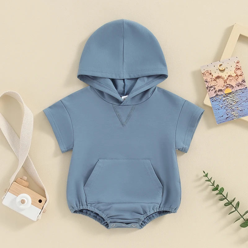 Baby Boy Girl Solid Color Hooded Bodysuit Oversized Short Sleeve Bubble Jumpsuit Pocket Spring Summer Clothes