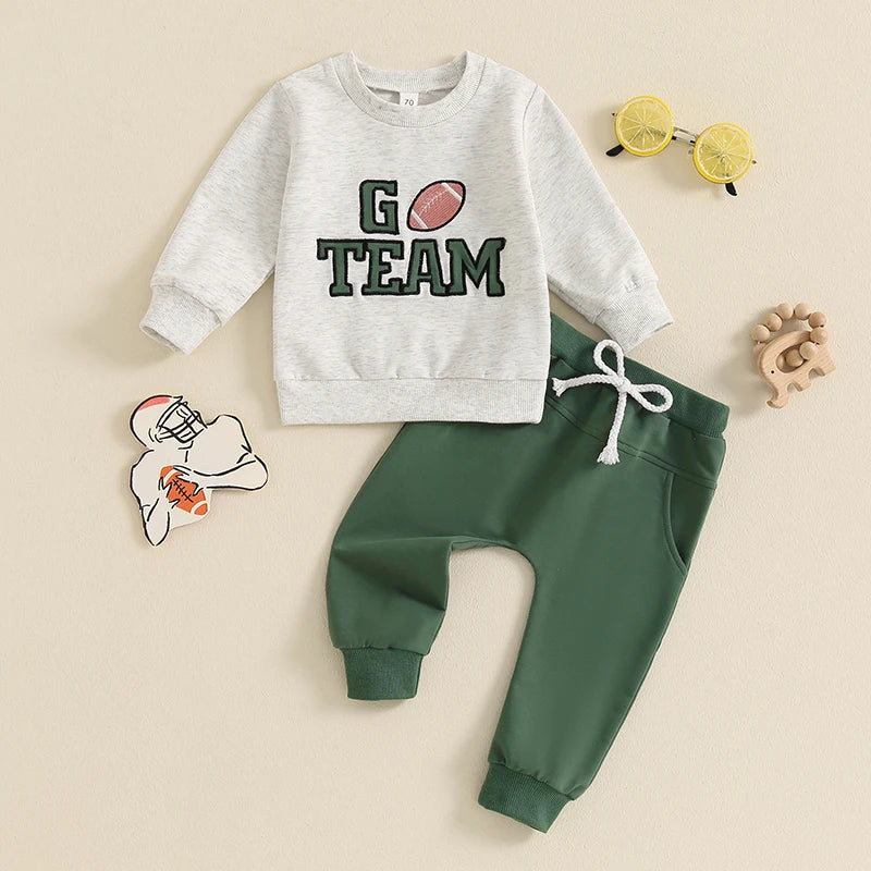 Baby Toddler Boys 2Pcs Go Team Fall Outfit Football Letter Embroidery Long Sleeve O-Neck Top and Solid Color Pants Set