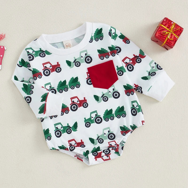 Baby Boy Girl Winter Romper Christmas Tractor Tree Print Long Sleeve Pocket Jumpsuit