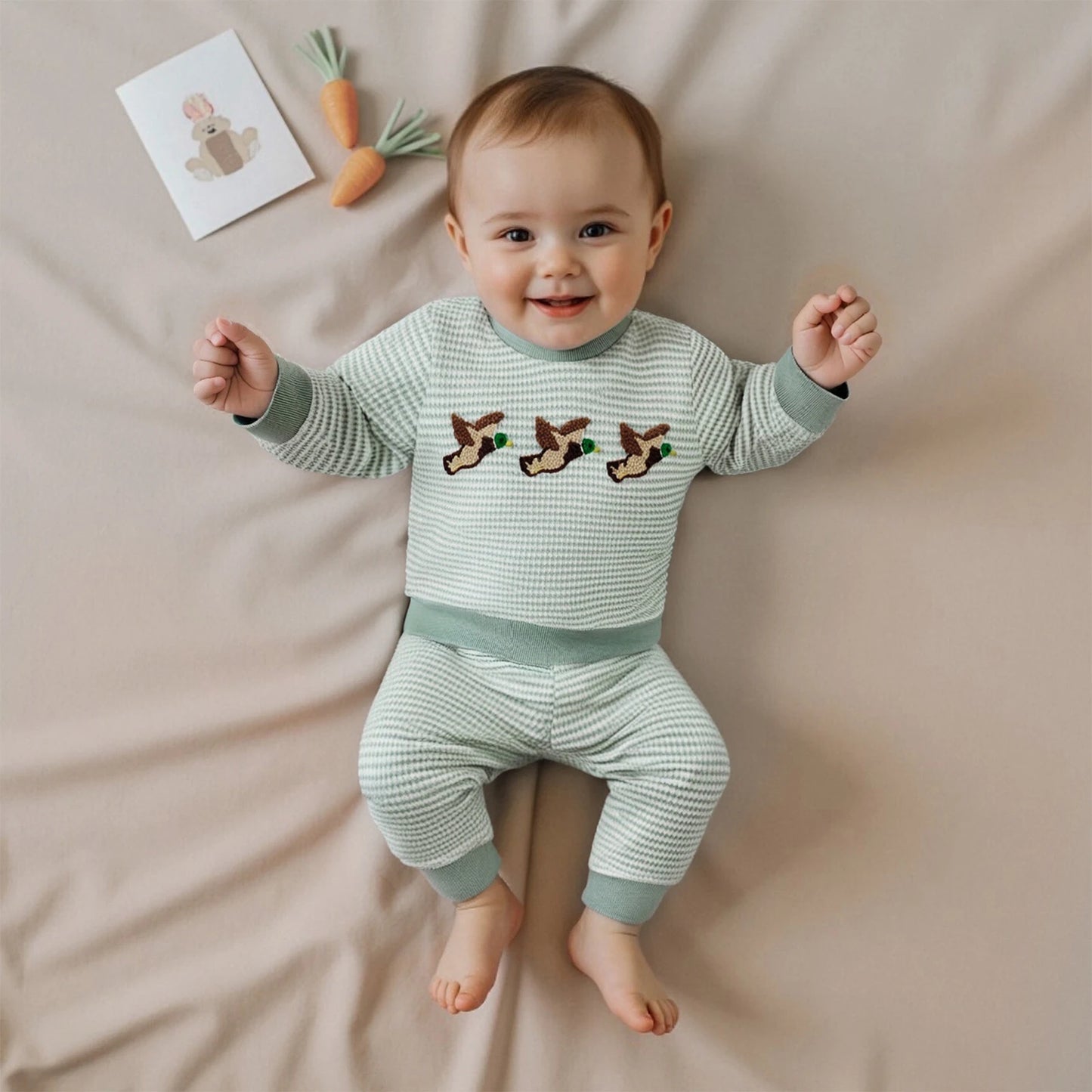 Baby Toddler Boys 2Pcs Fall Sets Long Sleeve Round Neck Duck Embroidery Top Striped Pants Jogger Set