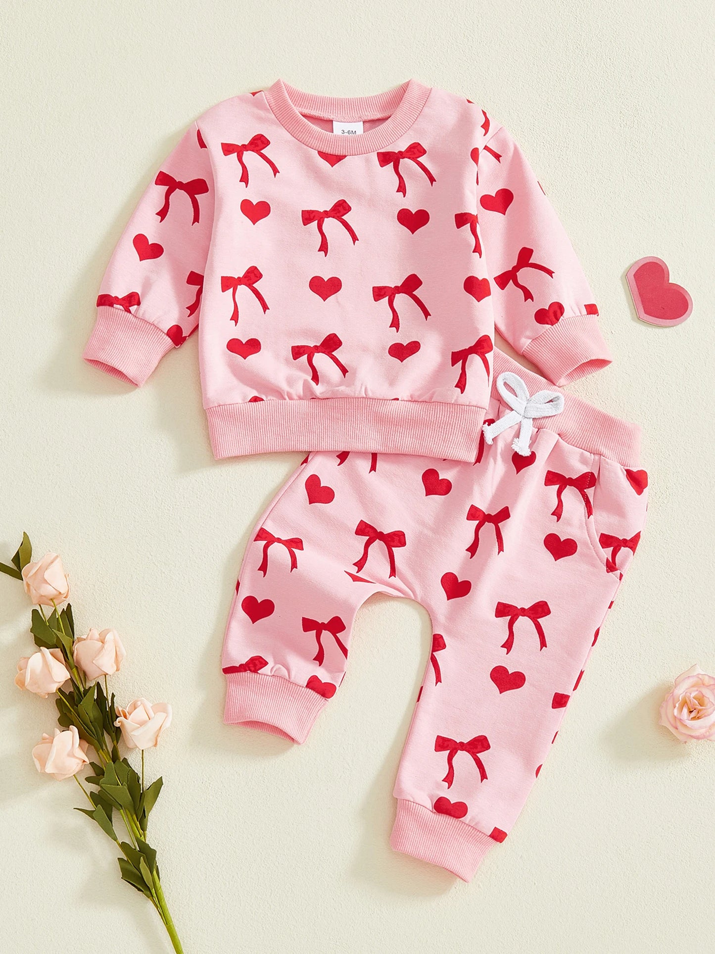 Baby Toddler Girls 2Pcs Valentines Day Outfit Heart Bow Print Long Sleeve Top and Pants Jogger Set