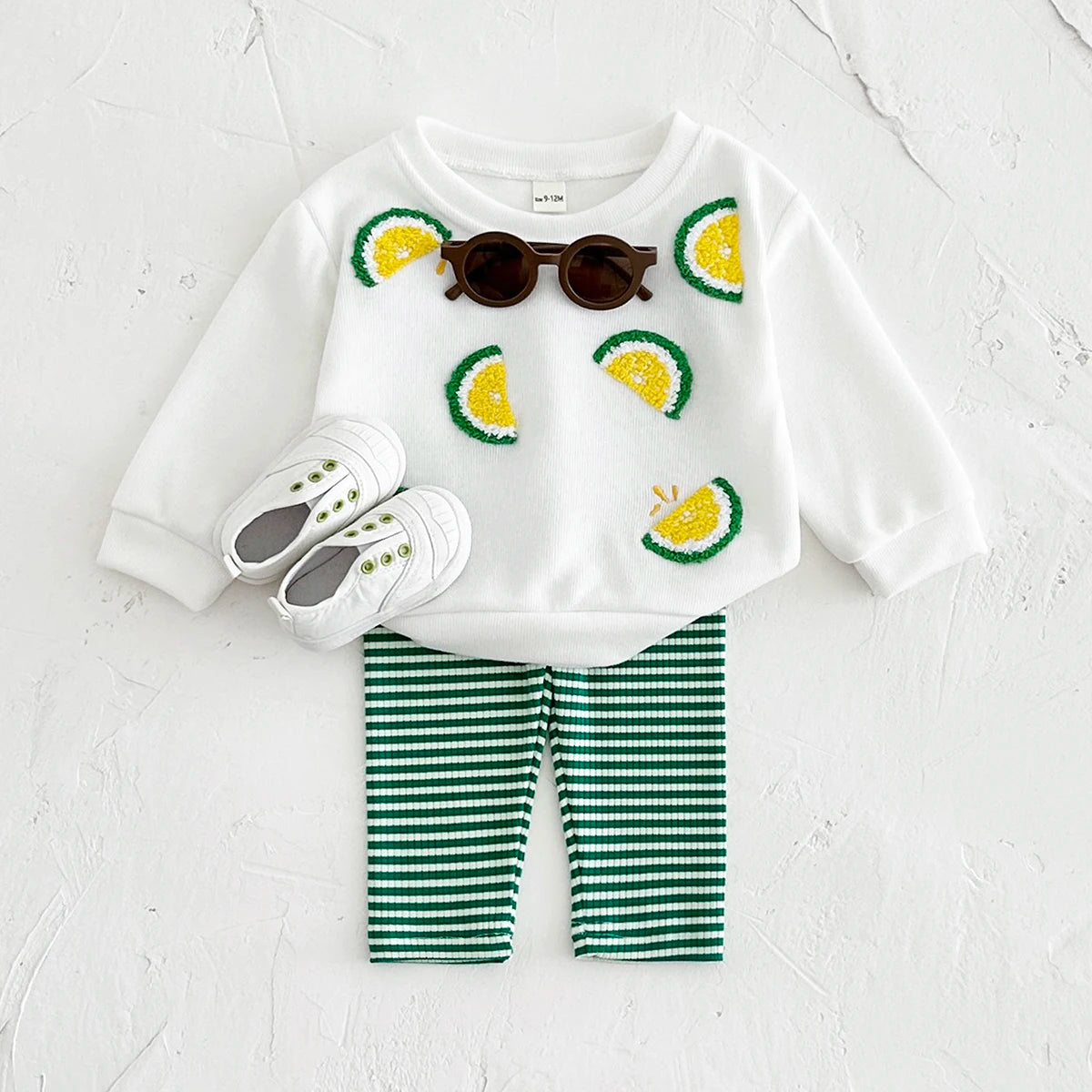 Baby Toddler Boys Girls 2Pcs Lemon Fruit Embroidery Crewneck Long Sleeve Top + Striped Pants Set Outfit