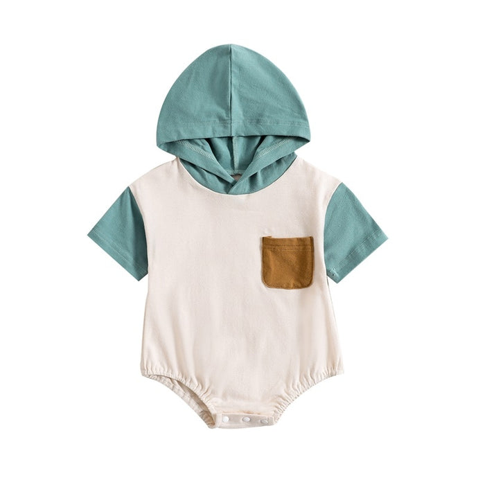 Infant Baby Boys Girls Summer Jumpsuit Short Sleeve Color Block Chest Pocket Hooded Bodysuit Bubble Romper