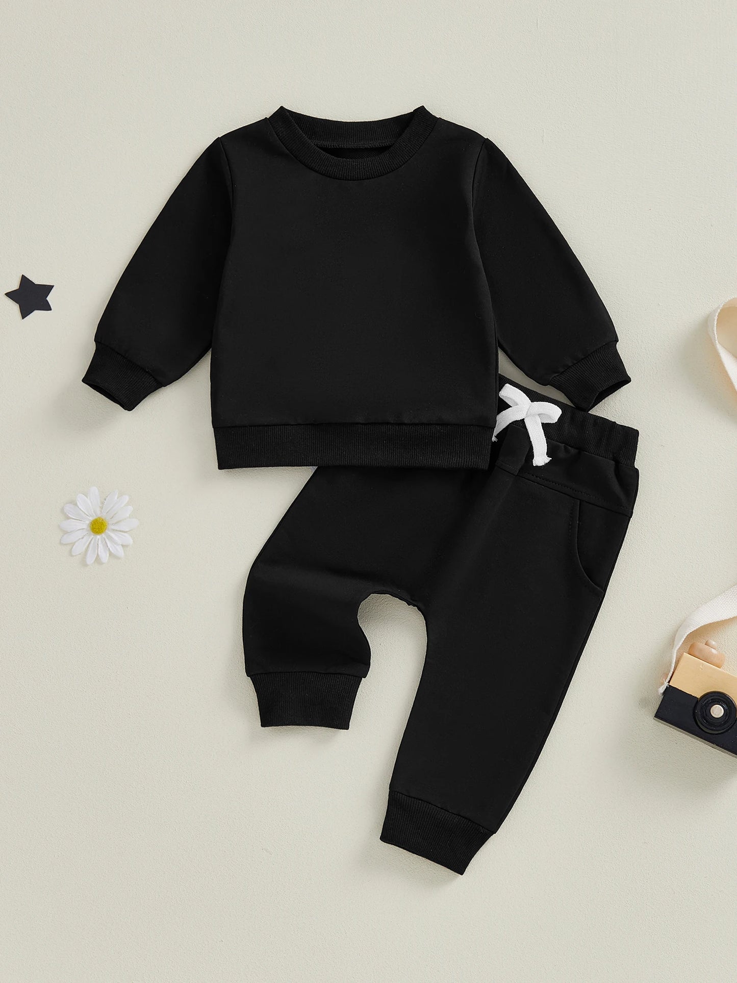 Baby Toddler Boy Girl 2Pcs Spring Fall Outfit Solid Color Long Sleeve Round Neck Pullover Crewneck Top Elastic Waist Long Pants 2 Pcs Jogger Set