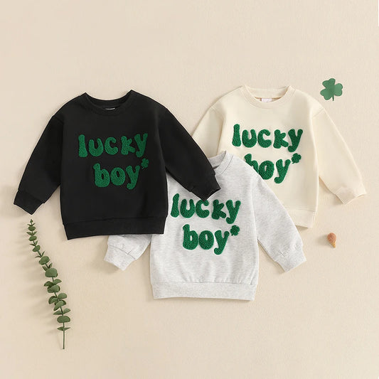 Baby Toddler Boys Lucky Boy St. Patrick's Day Irish Spring Letter Clover Shamrock Embroidered Long Sleeve O-Neck Casual Pullover Top