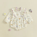 Baby Girl Fall Bubble Romper Floral Print Long Sleeve Frill Mock Neck Ruffled Jumpsuit