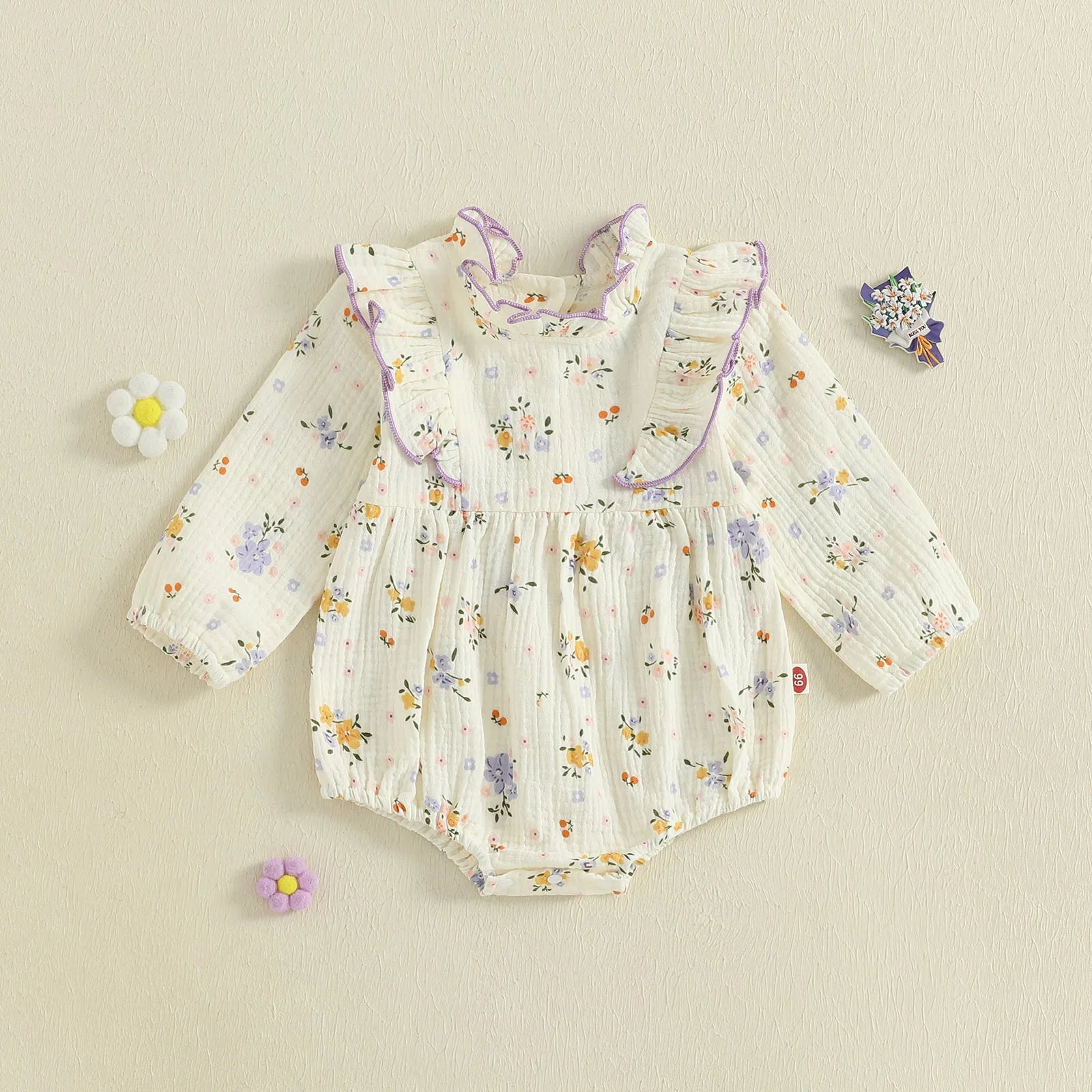 Baby Girl Fall Bubble Romper Floral Print Long Sleeve Frill Mock Neck Ruffled Jumpsuit
