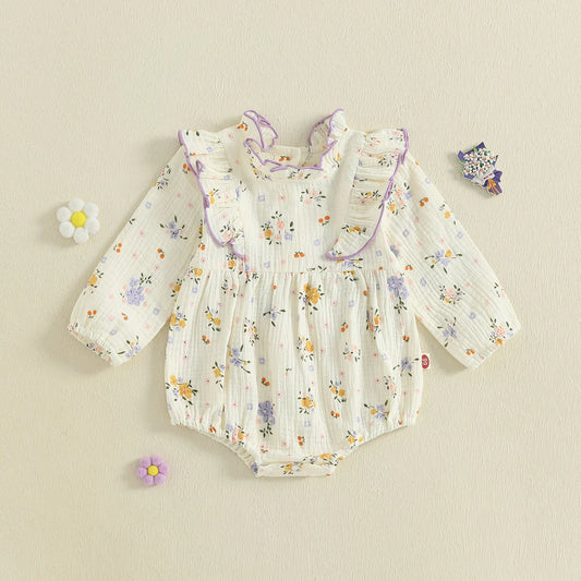 Baby Girl Fall Bubble Romper Floral Print Long Sleeve Frill Mock Neck Ruffled Jumpsuit
