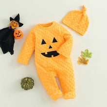 Load image into Gallery viewer, Baby Boy Girl 2Pcs Halloween Romper Flannel Jumpsuit Long Sleeve Pumpkin Face Print with Hat
