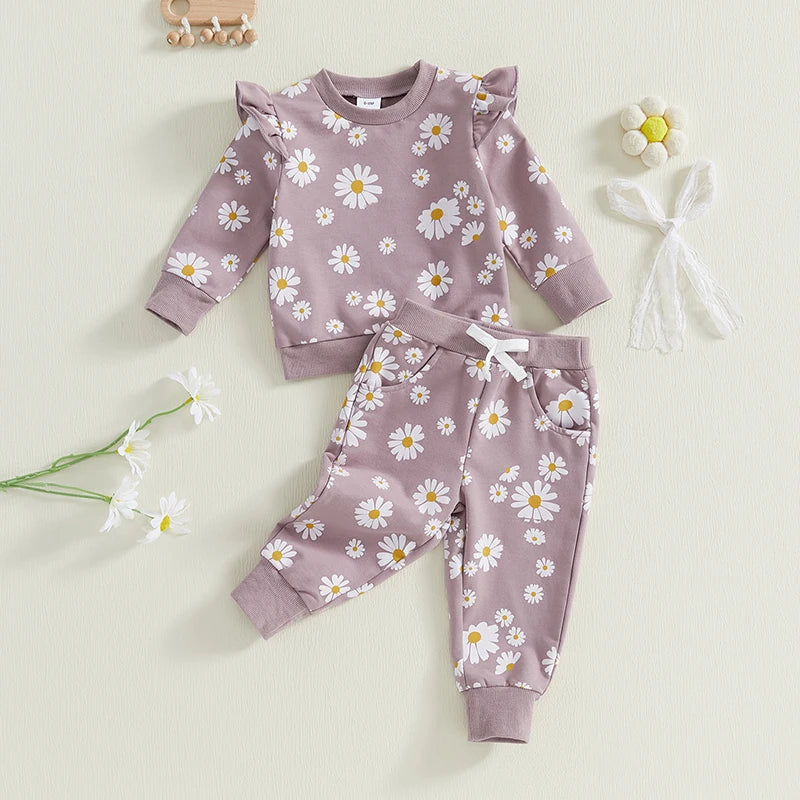 Baby Toddler Girls 2Pcs Spring Fall Outfit Daisy Print Ruffle Long Sleeve Pullover Top Elastic Waist Jogger Pants Set