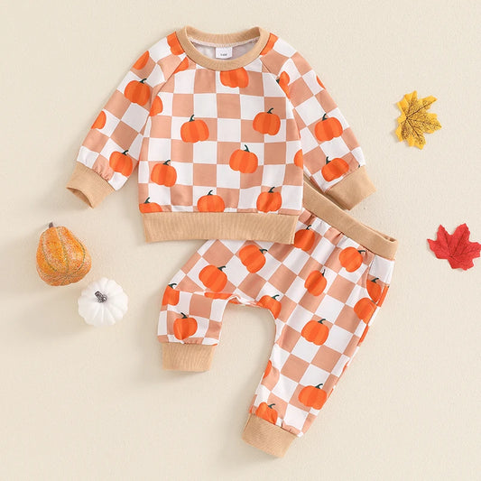 Baby Toddler Boys Girls 2Pcs Halloween Thanksgiving Outfit Checkered Pumpkin Print Long Sleeve Top and Long Pants Set