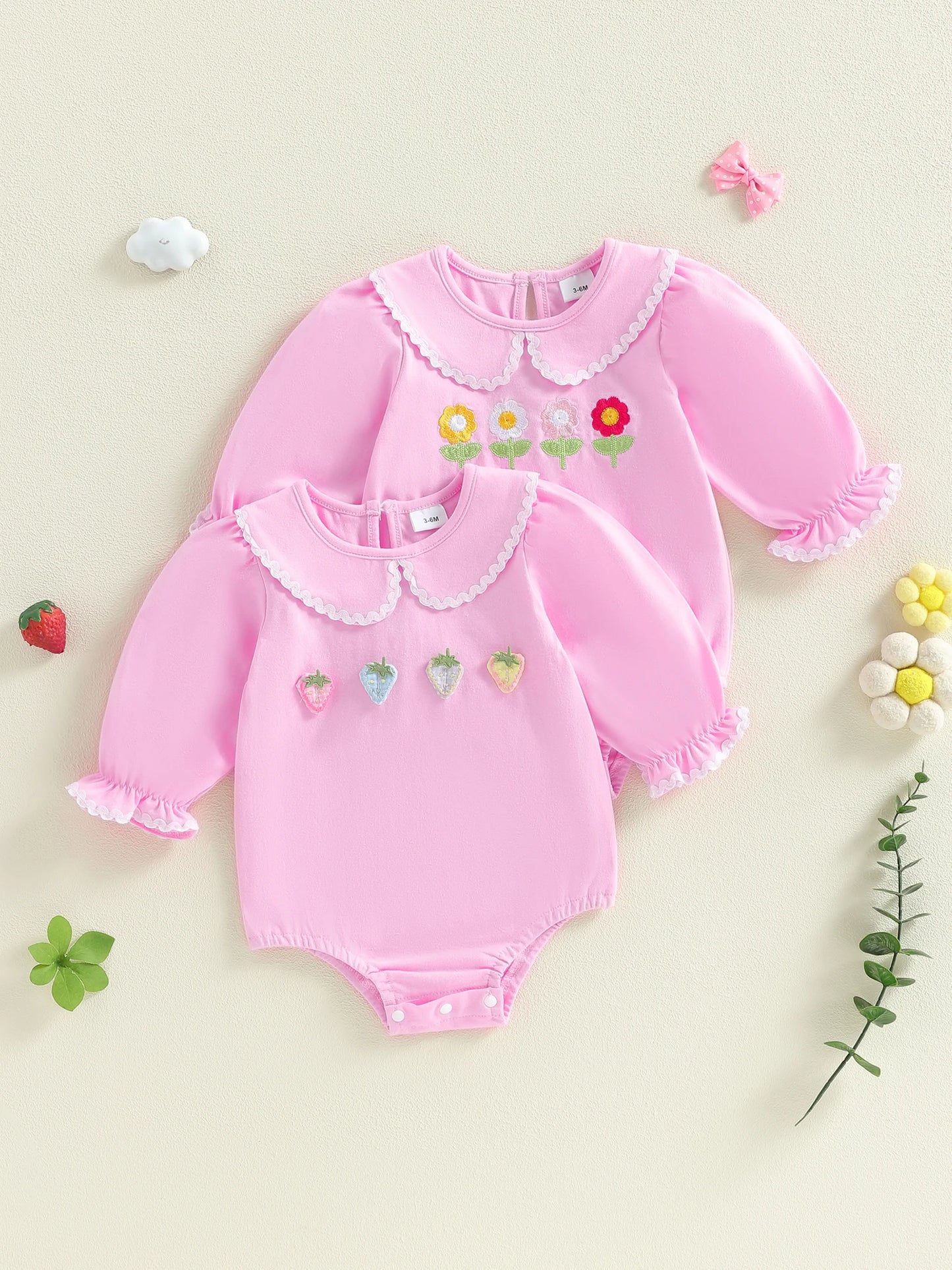 Baby Girls Spring Romper Fashionable Strawberry Flower Embroidery Long Sleeve Ruffled Doll Collar Jumpsuit