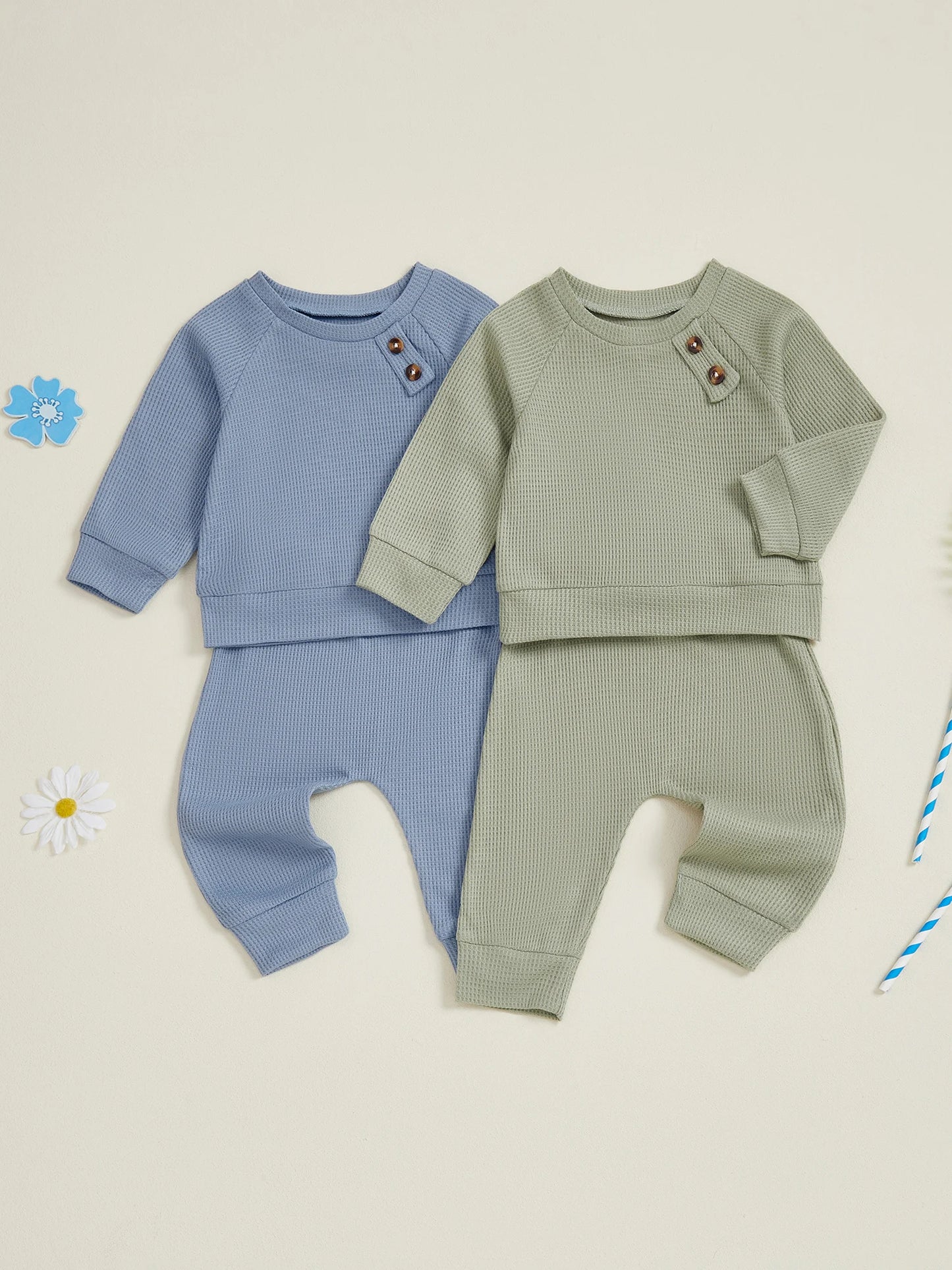 Baby Toddler Boys Winter Fall Outfit Solid Button Long Sleeve Top and Elastic Waist Pants 2Piece Waffle Set