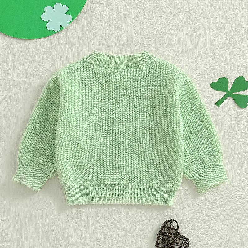 Baby Toddler Boys Girls Lucky Charm St. Patrick's Day Irish Sweater Shamrock Letter Embroidery Long Sleeve Crew Neck Knitwear Pullover Top